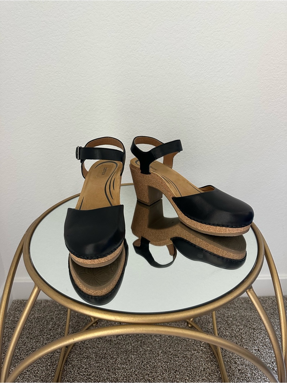 Aetrex Finely Black Leather Clogs w/Chunky Cork Heel